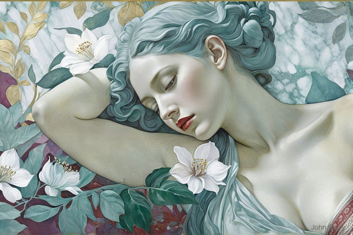 Serene Woman with Blue Hair Against Marble Backdrop