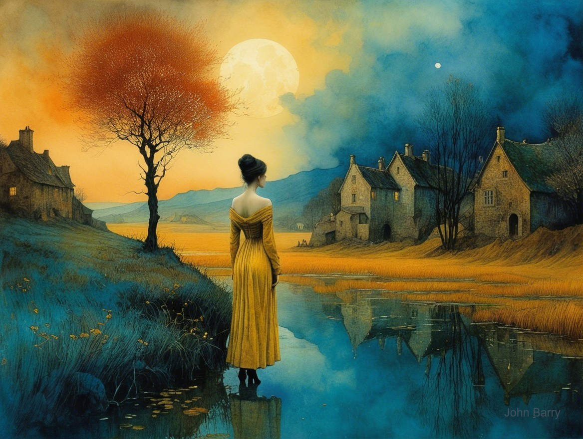 Twilight Landscape with Woman in Yellow Gown by River