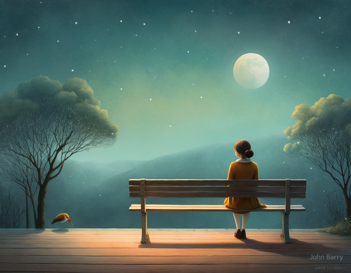 Serene Night Scene with Girl and Full Moon