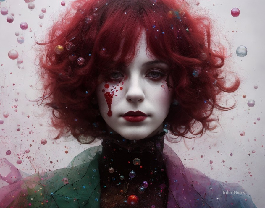 Vivid Red-Haired Figure in Ethereal Bubble Scene