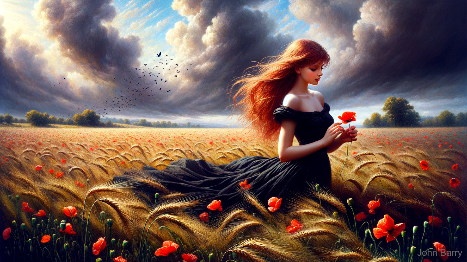 Young woman in black dress in wheat field with poppies