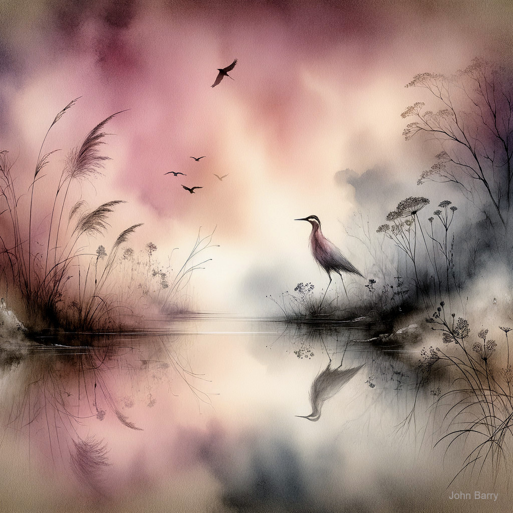 Serene Landscape with Heron and Tranquil Sky