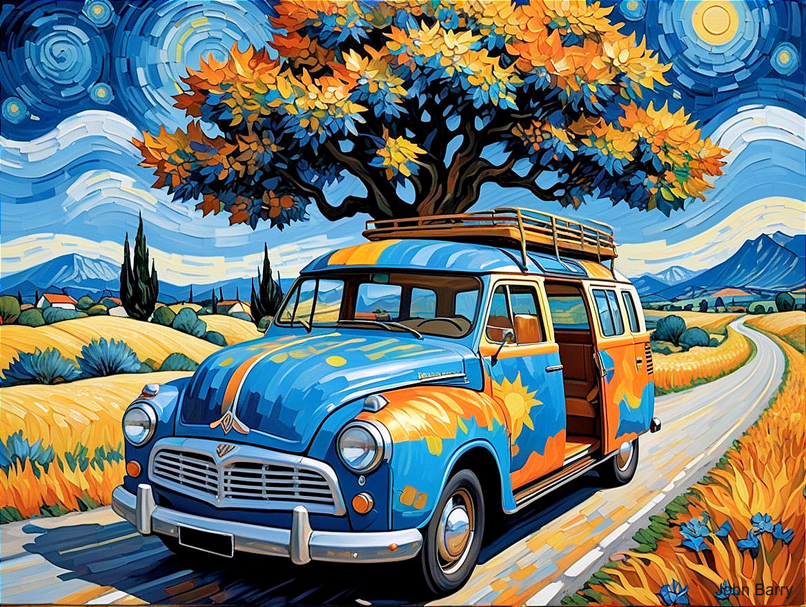 Vibrant Retro Van on Winding Country Road Scene