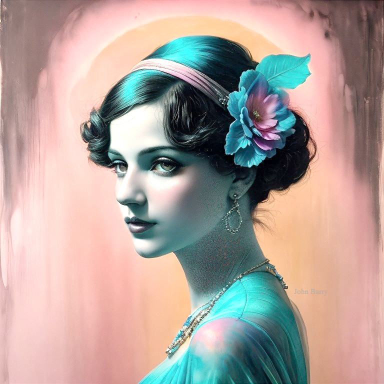 Elegant Woman in Flowing Gown with Blue Flower