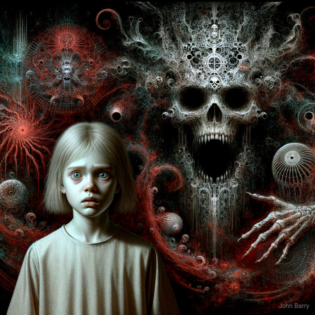 Child with pale eyes and dark skeletal figure backdrop