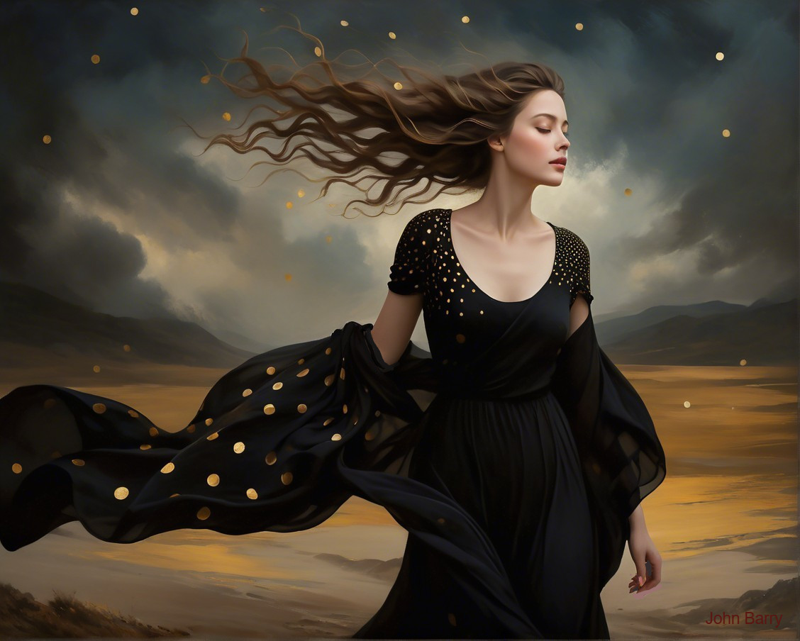 Woman in Black Dress Against Dramatic Landscape