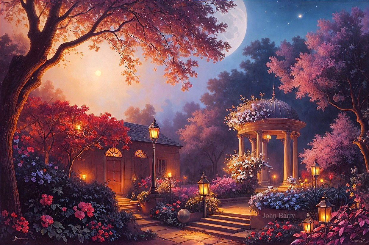 Twilight Garden Scene with Lanterns and Gazebo
