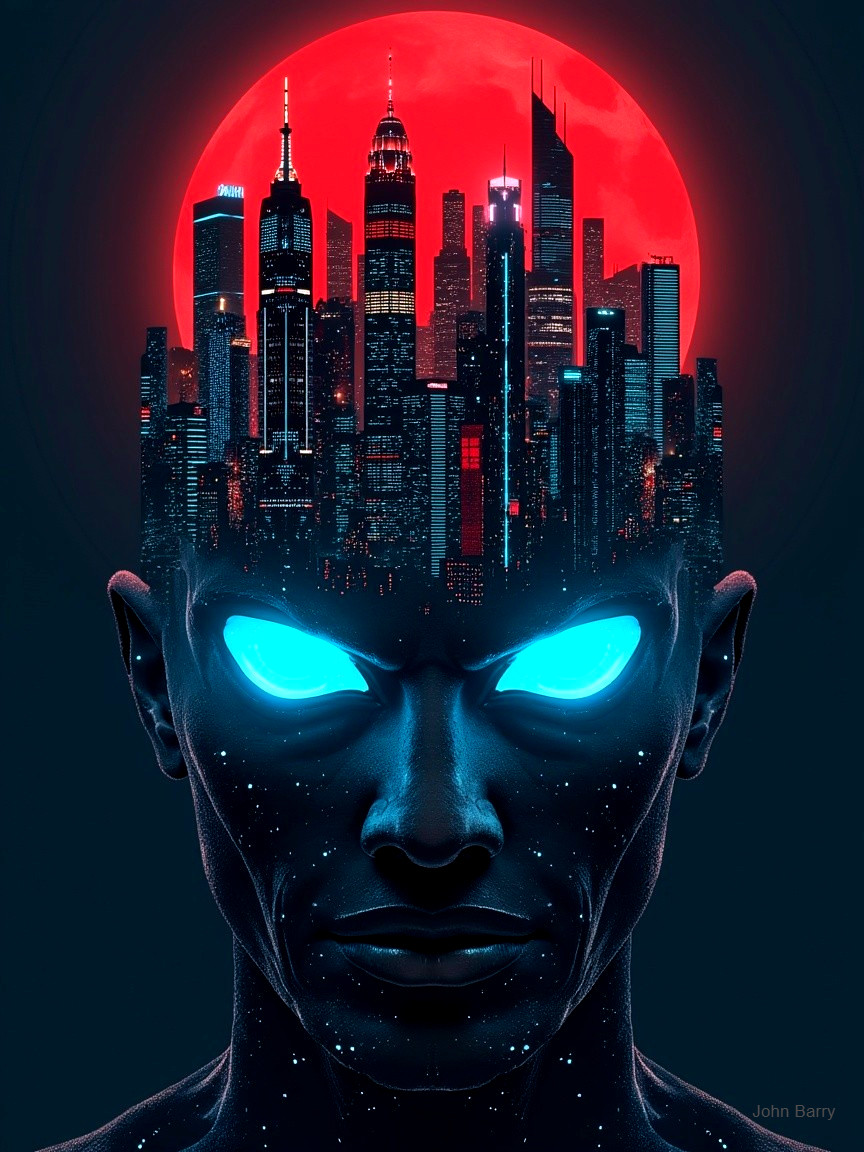 Surreal Graphic of Figure with Blue Eyes and Red Moon