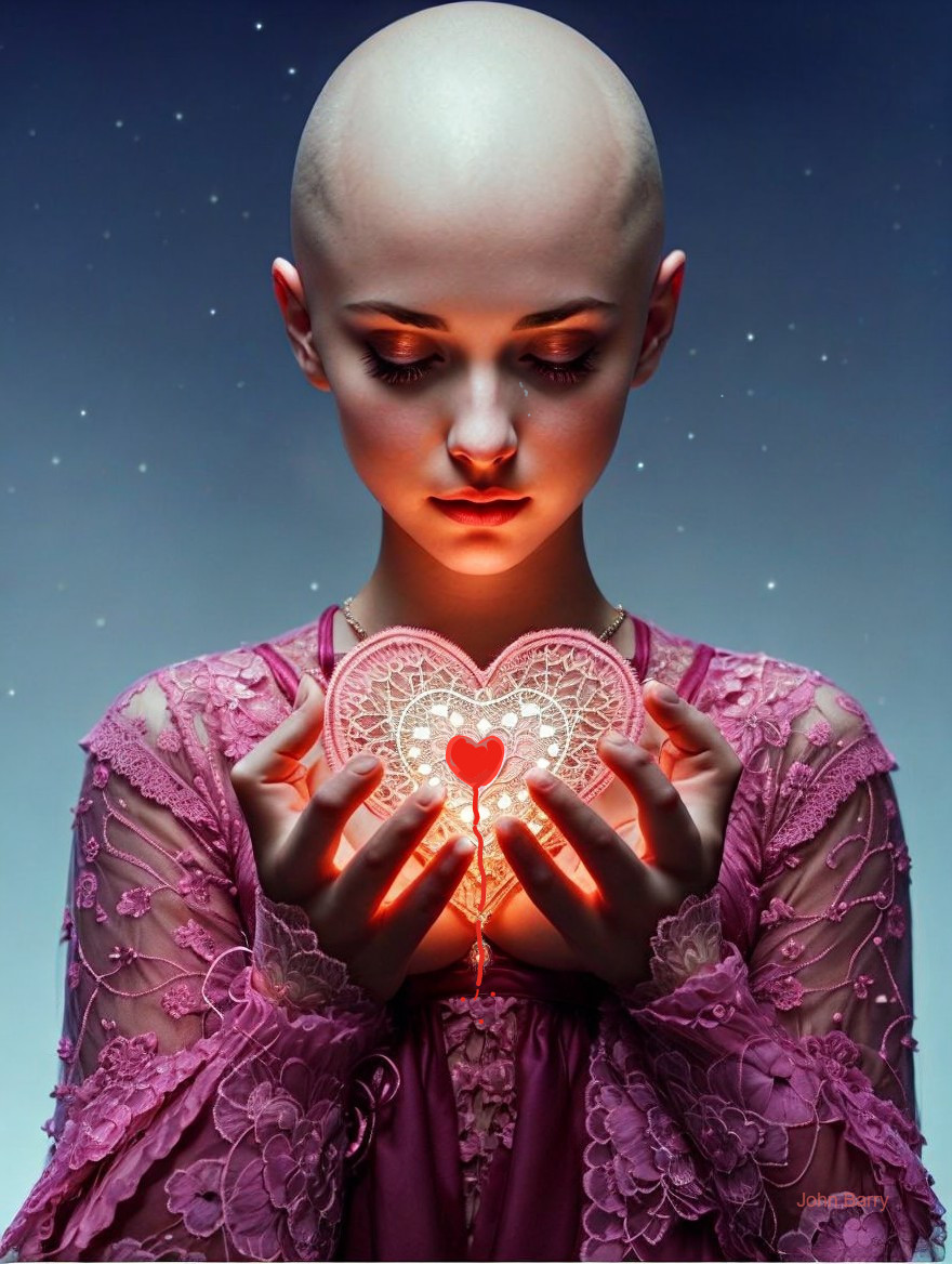 Young woman in pink dress holding glowing heart object