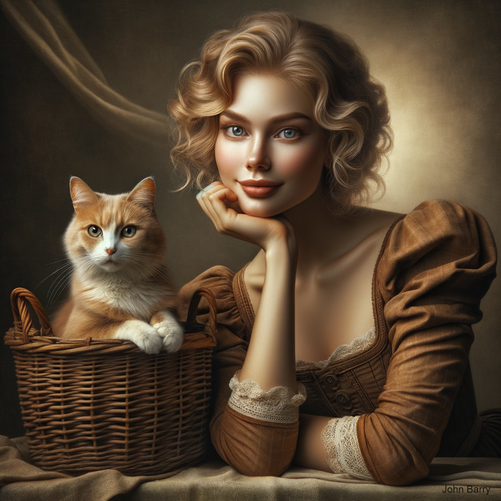 Elegant Woman in Vintage Dress with Fluffy Cat