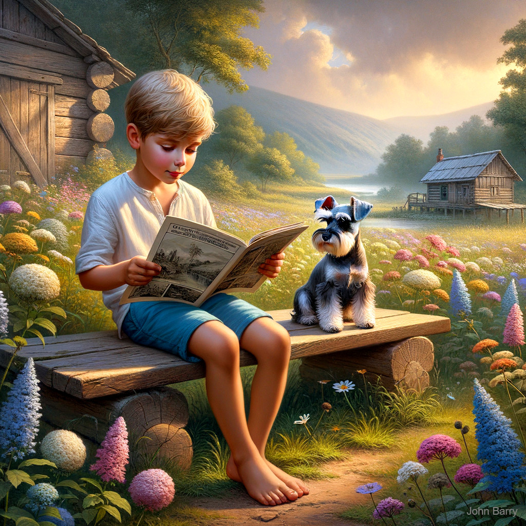 Young Boy Reading Newspaper in Vibrant Meadow Setting