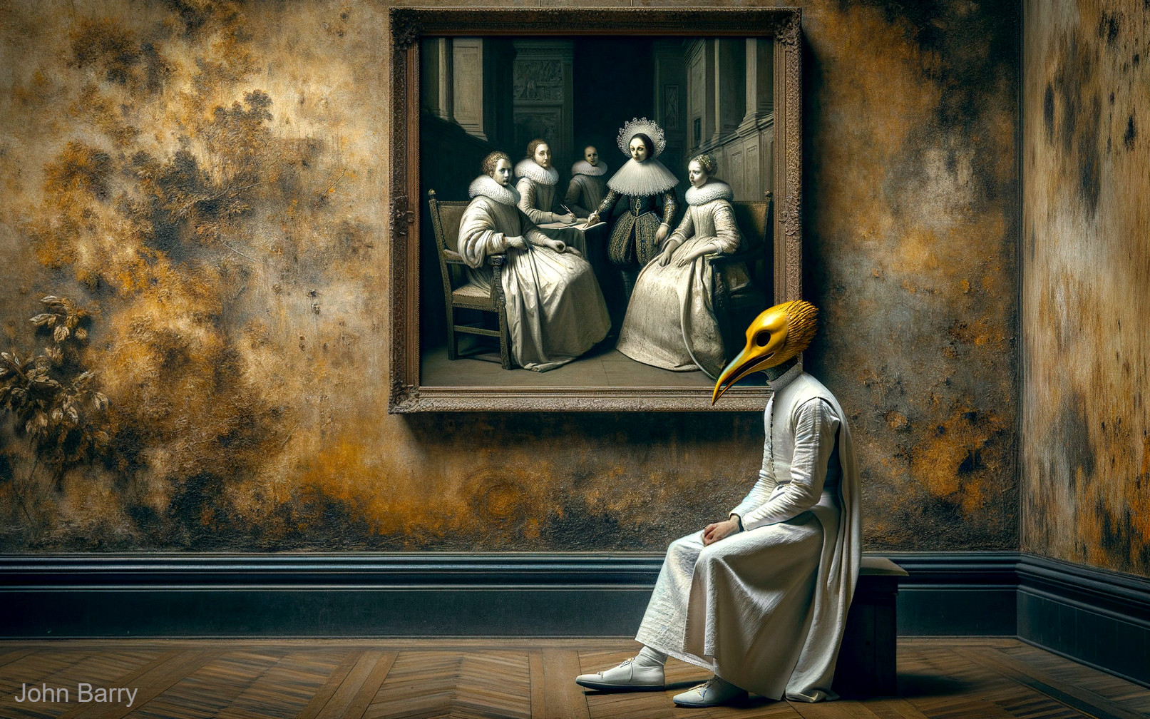 Surreal Figure with Bird Mask in Art Gallery Setting
