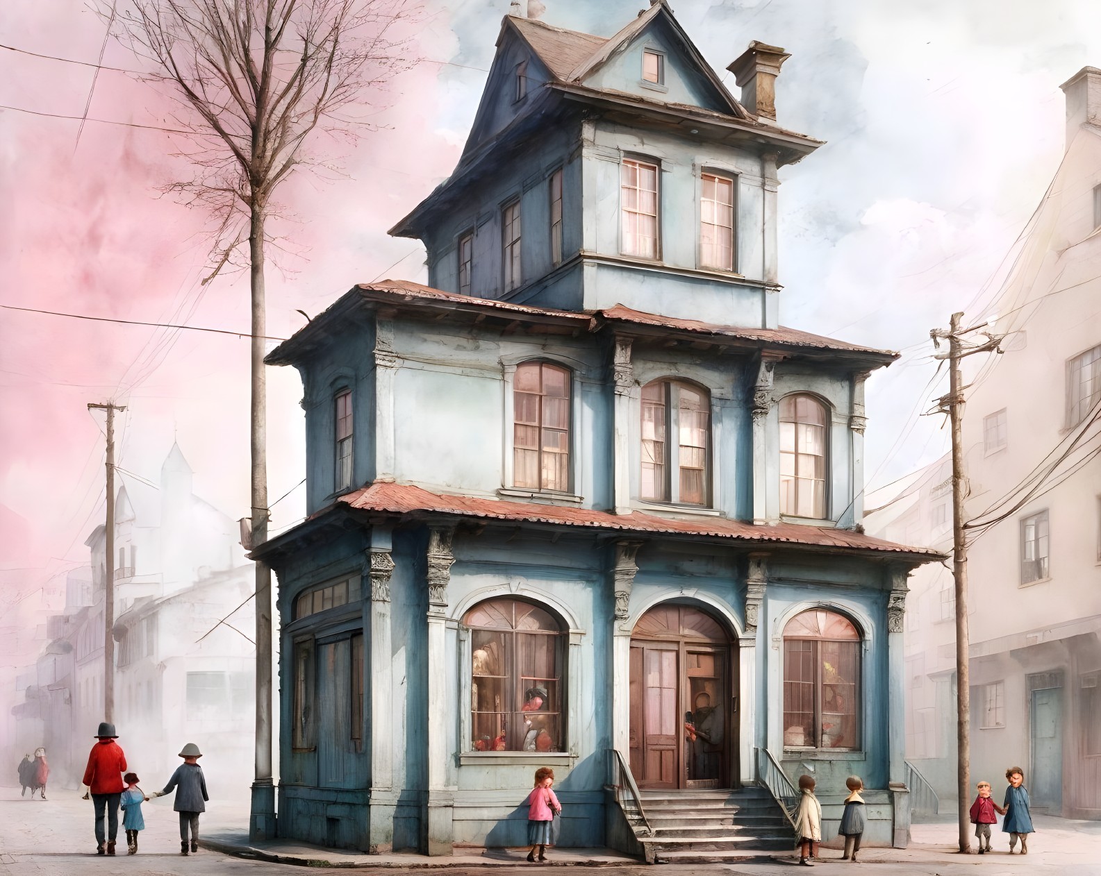 Blue Victorian House on Corner with Children Playing