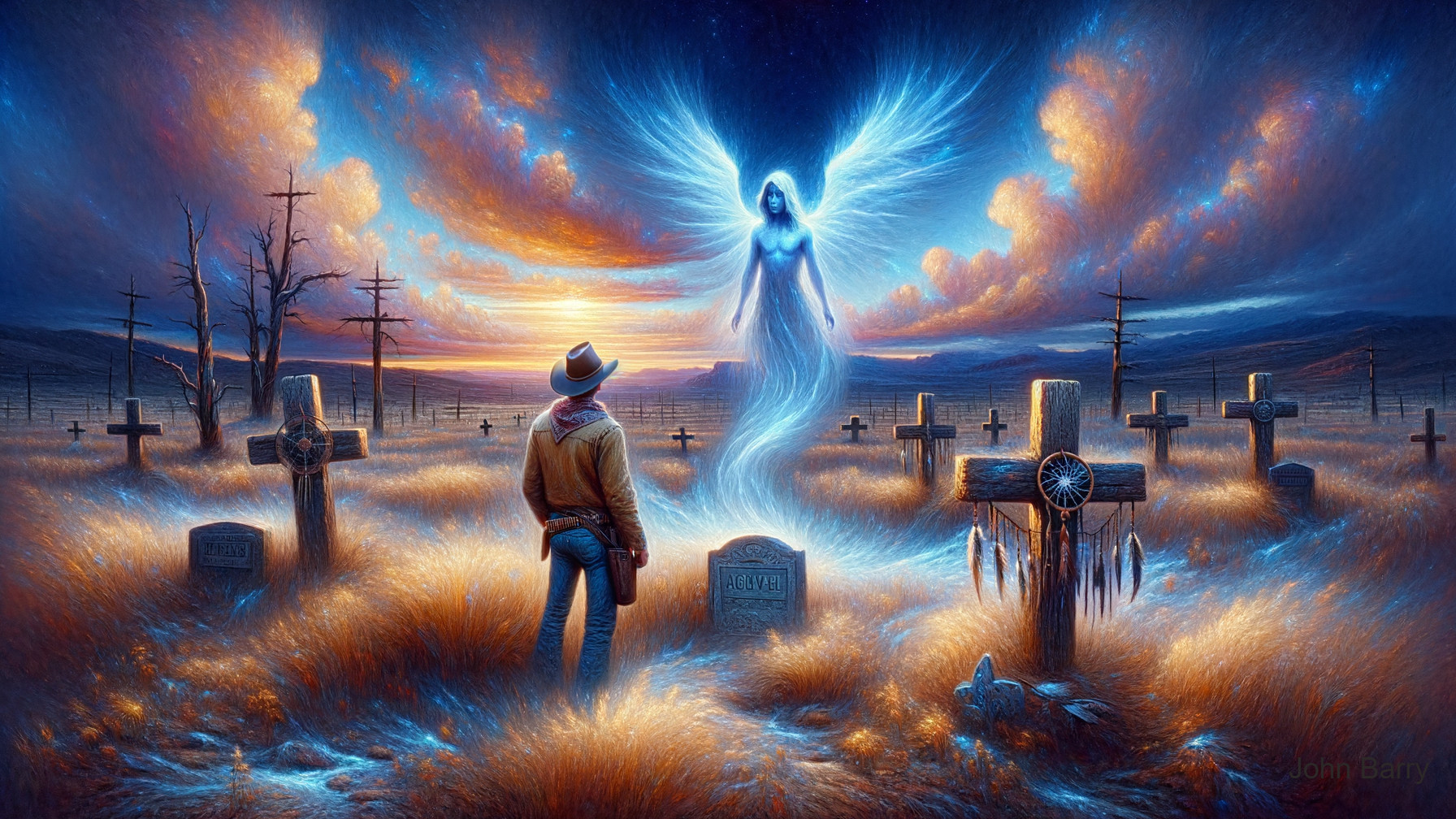 Surreal Cowboy in Ethereal Graveyard at Twilight