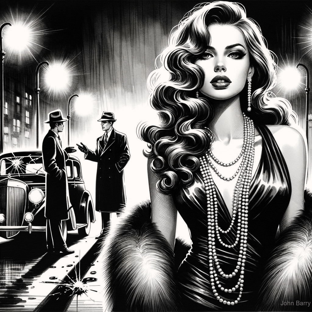 Noir Scene with Glamorous Woman and Vintage Car