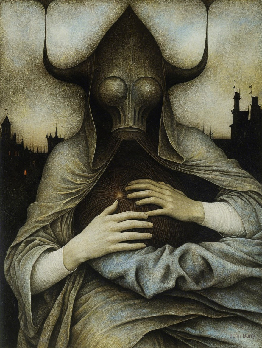 Mysterious Figure in Cloak with Horned Mask and Towers