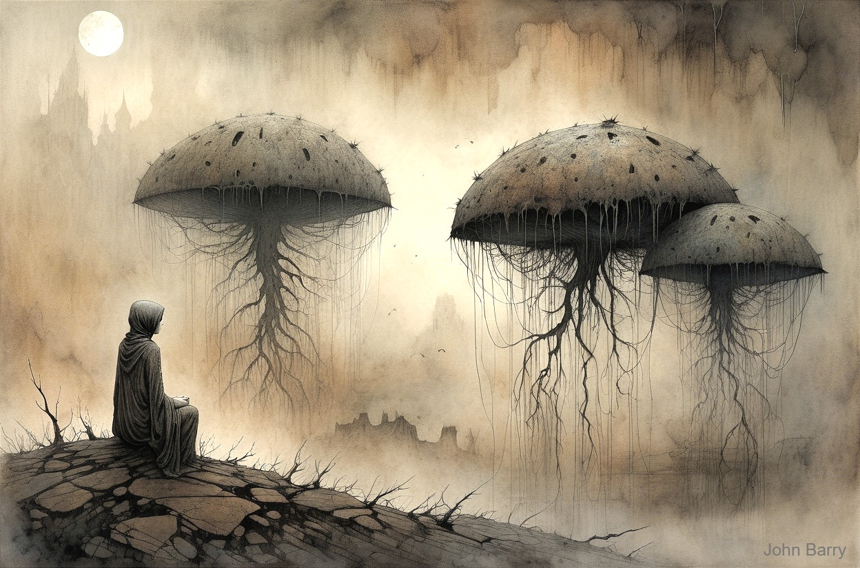 Cloaked Figure in Surreal Landscape with Giant Mushrooms