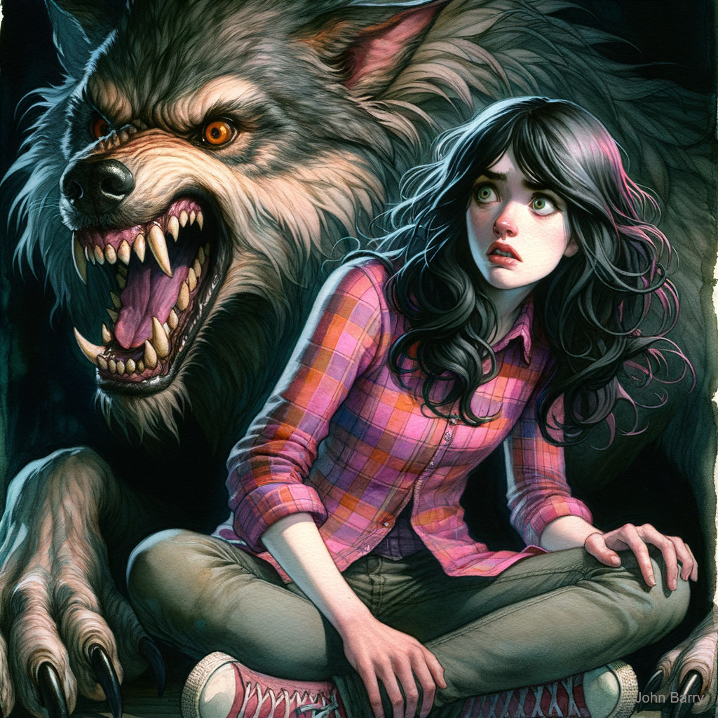 Young woman faces a snarling wolf in a tense scene