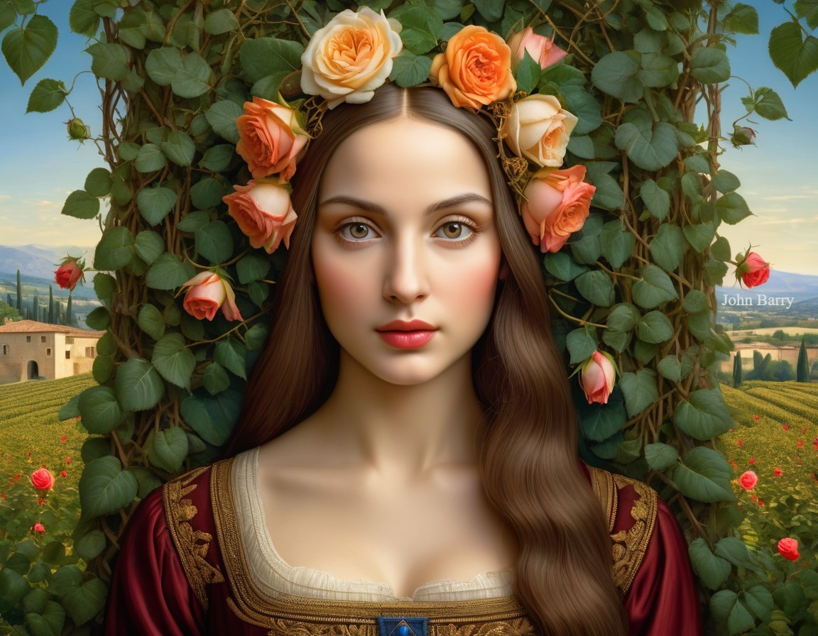 Young Woman with Roses in Serene Countryside Portrait