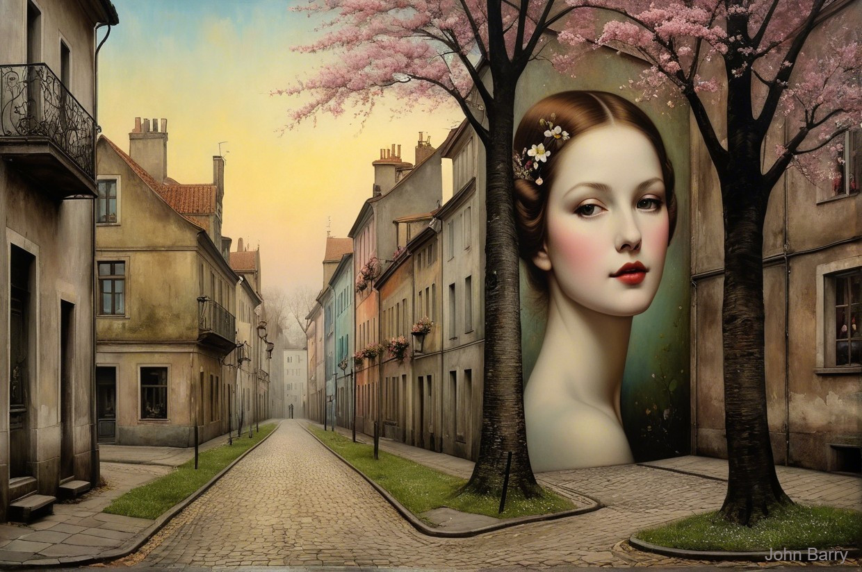Pastel Buildings and Cherry Blossoms in Serene Village
