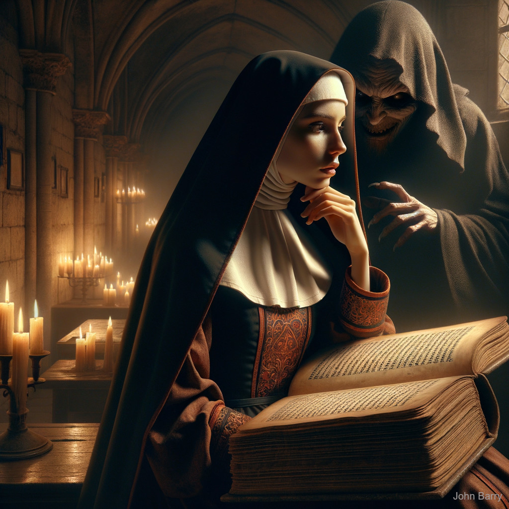 Medieval Library Scene with Nun and Sinister Figure