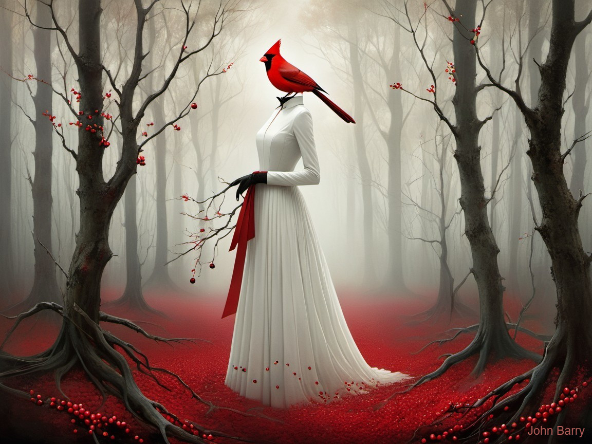 Surreal Scene of Figure with Cardinal in Dark Forest