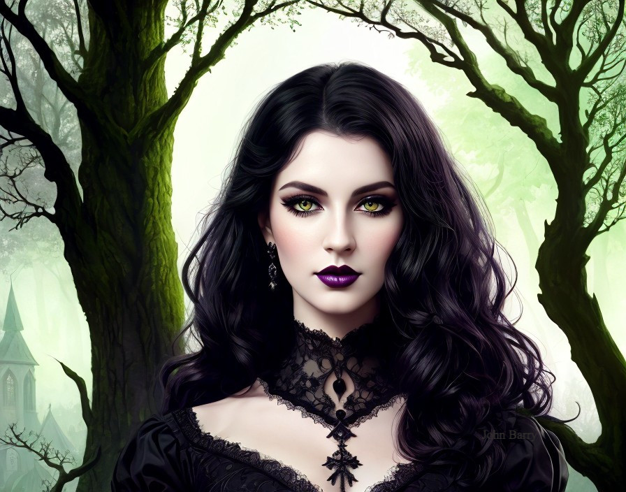 Mysterious Woman in Enchanted Gothic Forest Setting