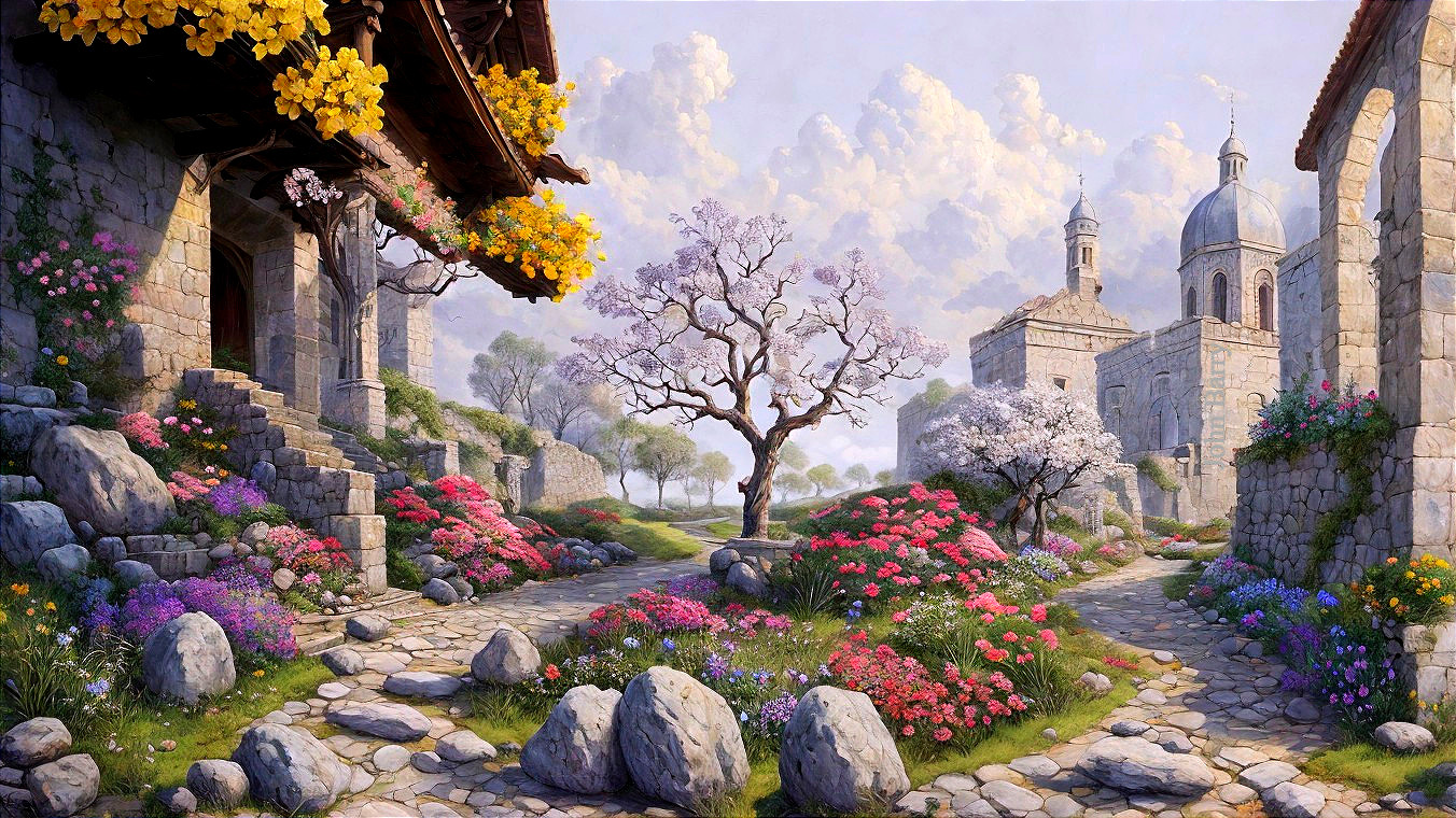 Charming Village Landscape with Blossoming Trees and Flowers