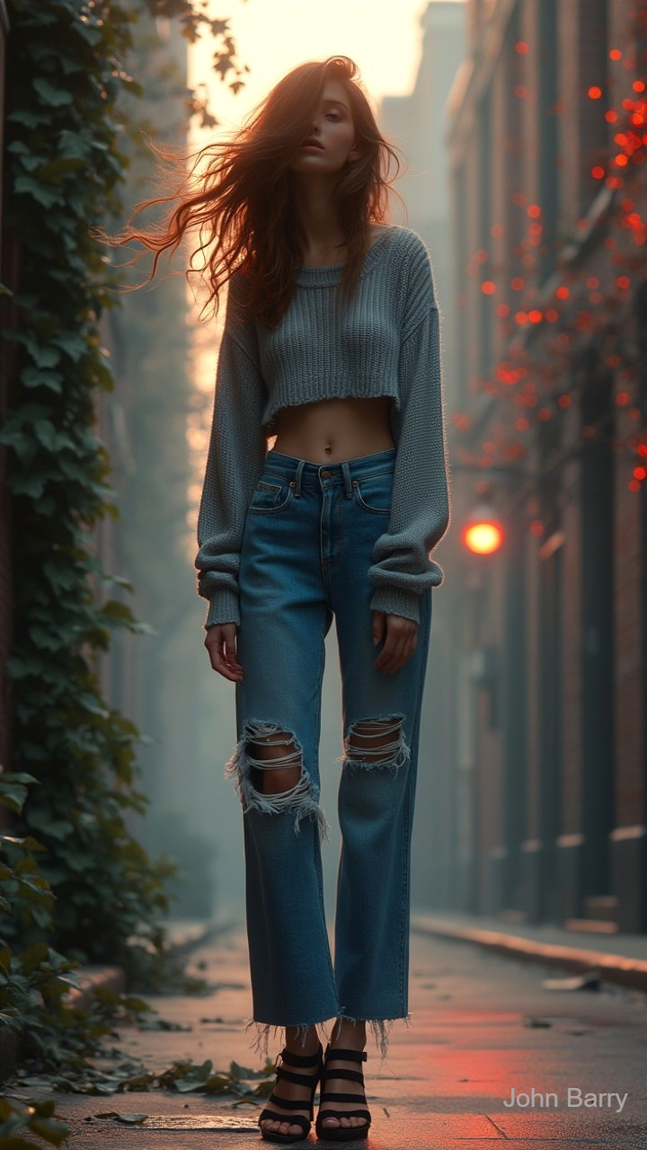 Young woman in misty urban alley with ivy walls