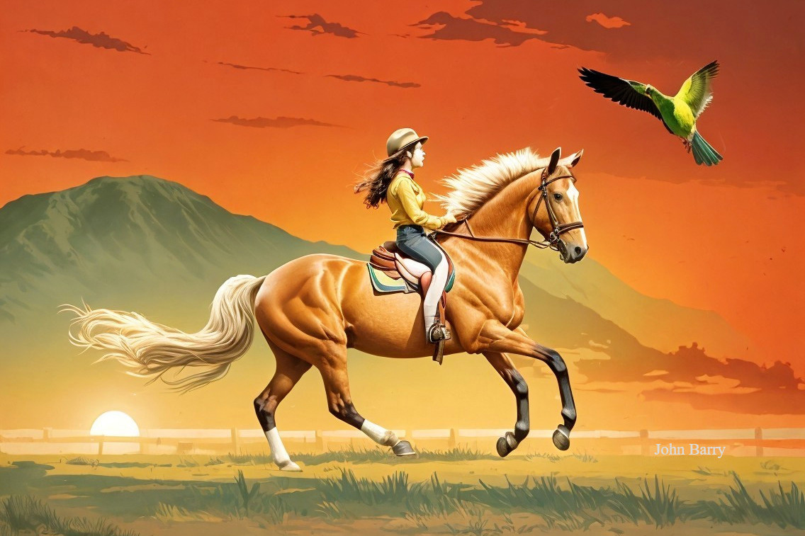 Young girl on golden horse at sunset with vibrant sky