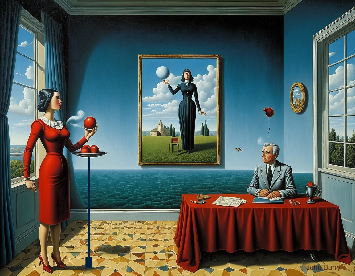 Surreal Interior Scene with Woman and Red Spheres