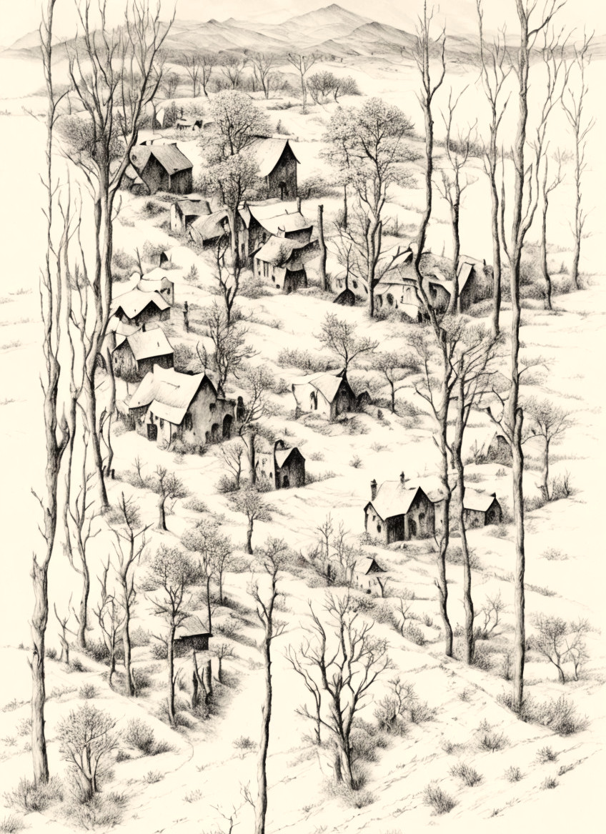 Tranquil winter village scene with bare trees and snow-covered roofs