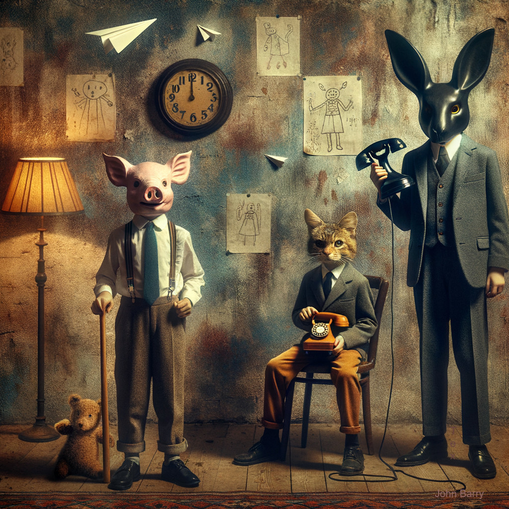 Surreal Scene with Anthropomorphic Figures in Formal Attire