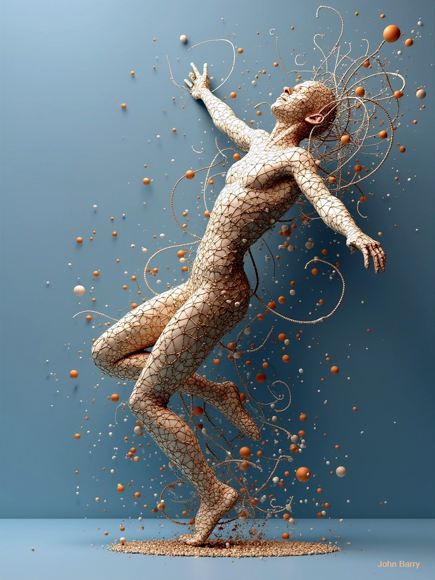 Floating Human Figure with Delicate Strands and Spheres