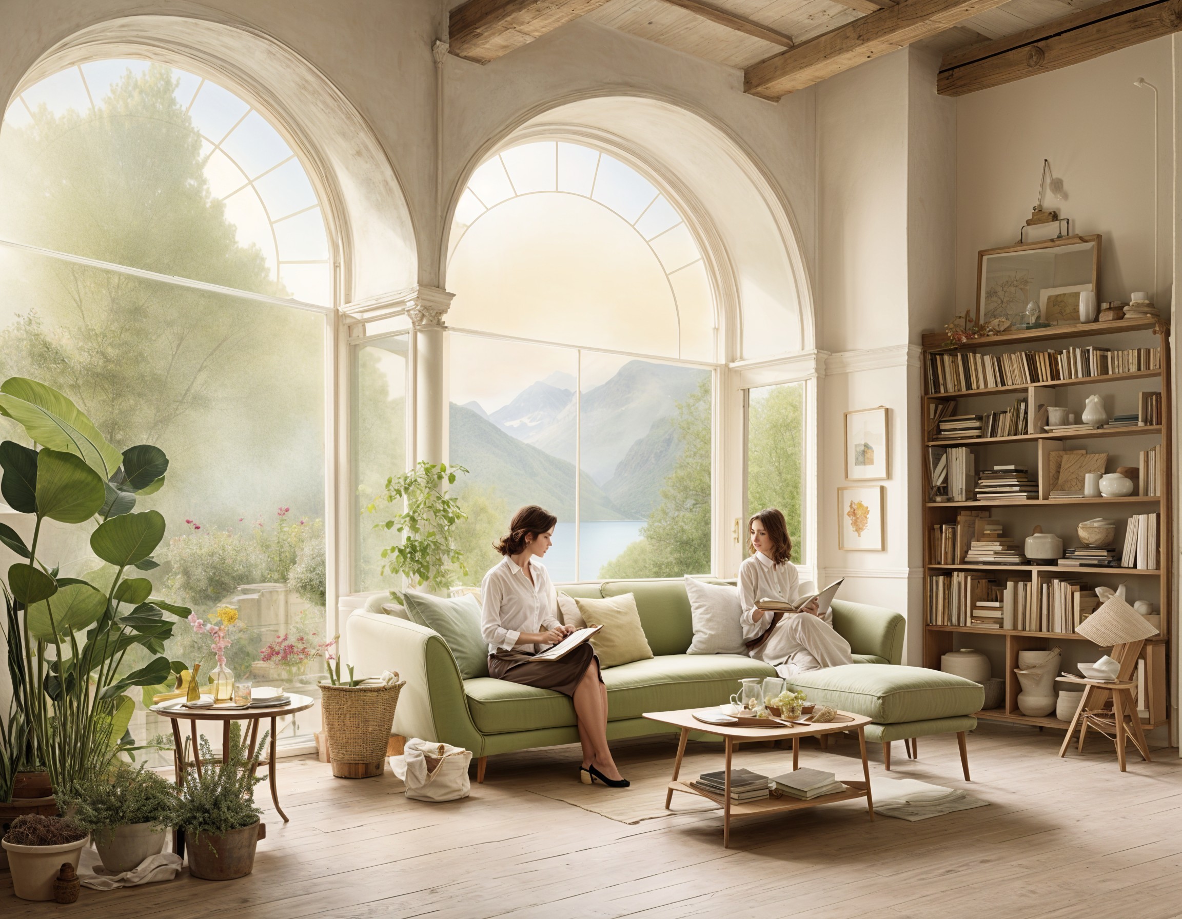 Serene Room with Women Conversing and Greenery Views