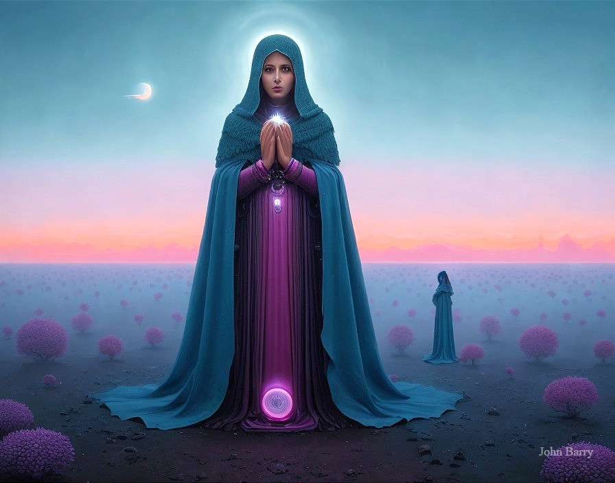 Serene Woman in Ethereal Landscape with Celestial Glow