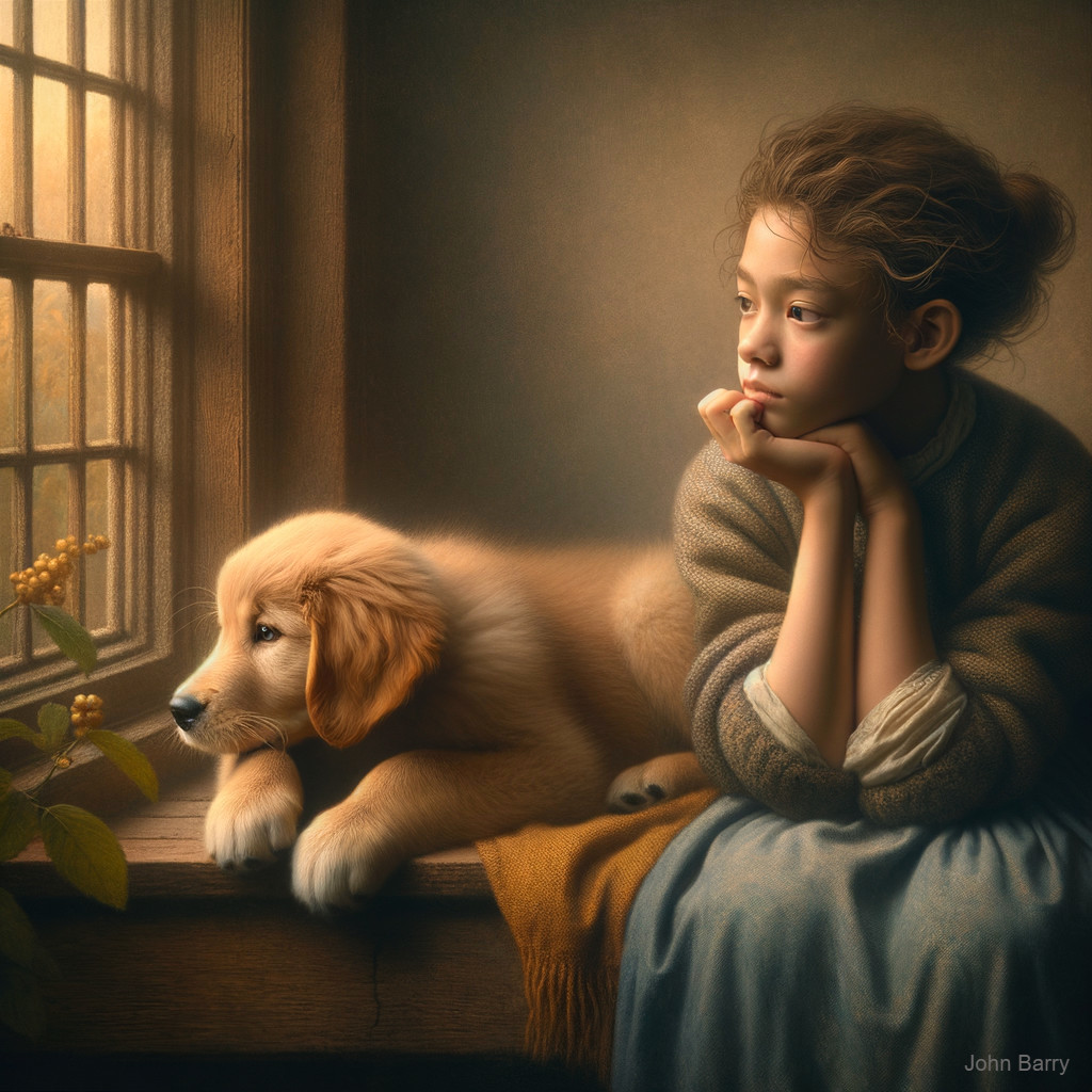 Young girl and puppy by sunlit window in contemplation