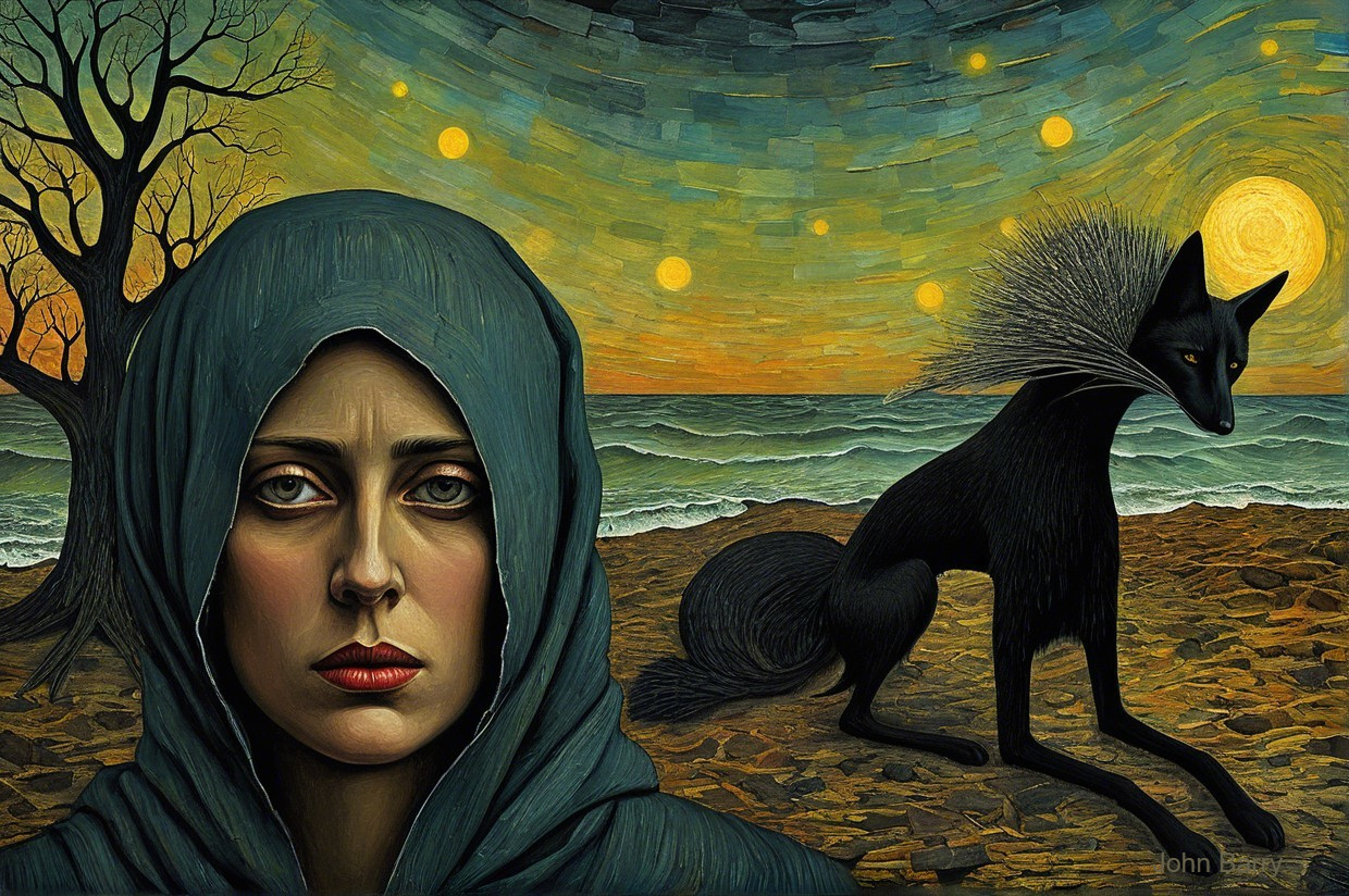 Somber Woman and Black Fox at a Haunting Sunset