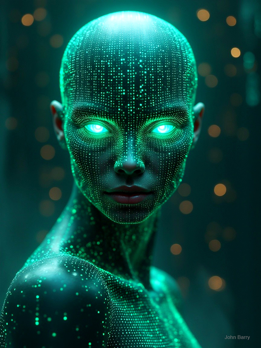 Futuristic humanoid figure with glowing green patterns