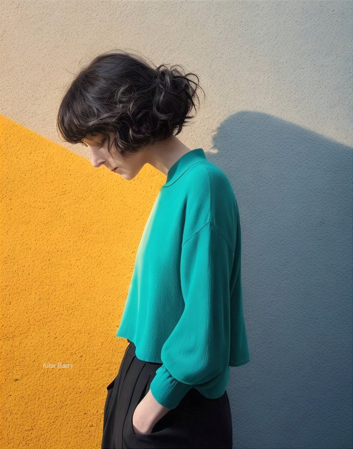 Woman in Teal Sweater Against Textured Gradient Wall