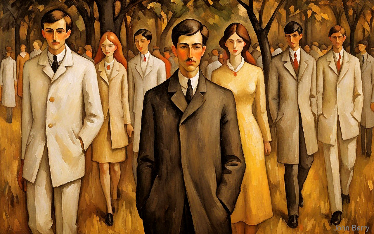 Elegantly Dressed Figures in Autumn Landscape