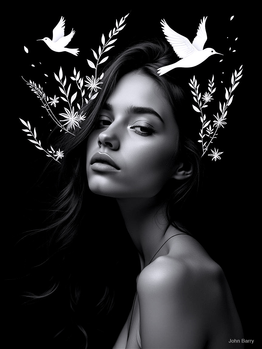 Black-and-white portrait of a woman with nature elements