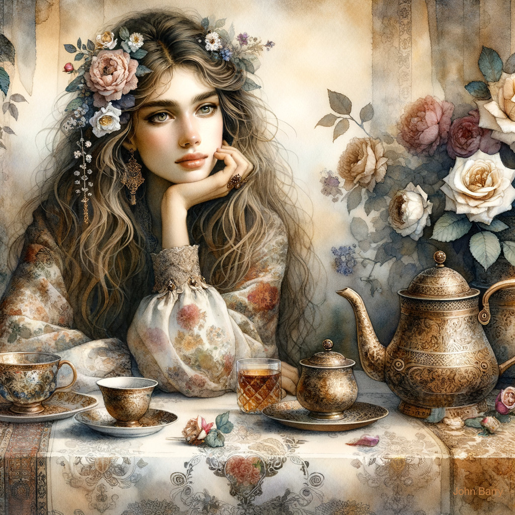 Serene Young Woman at Elegant Floral Tea Setting