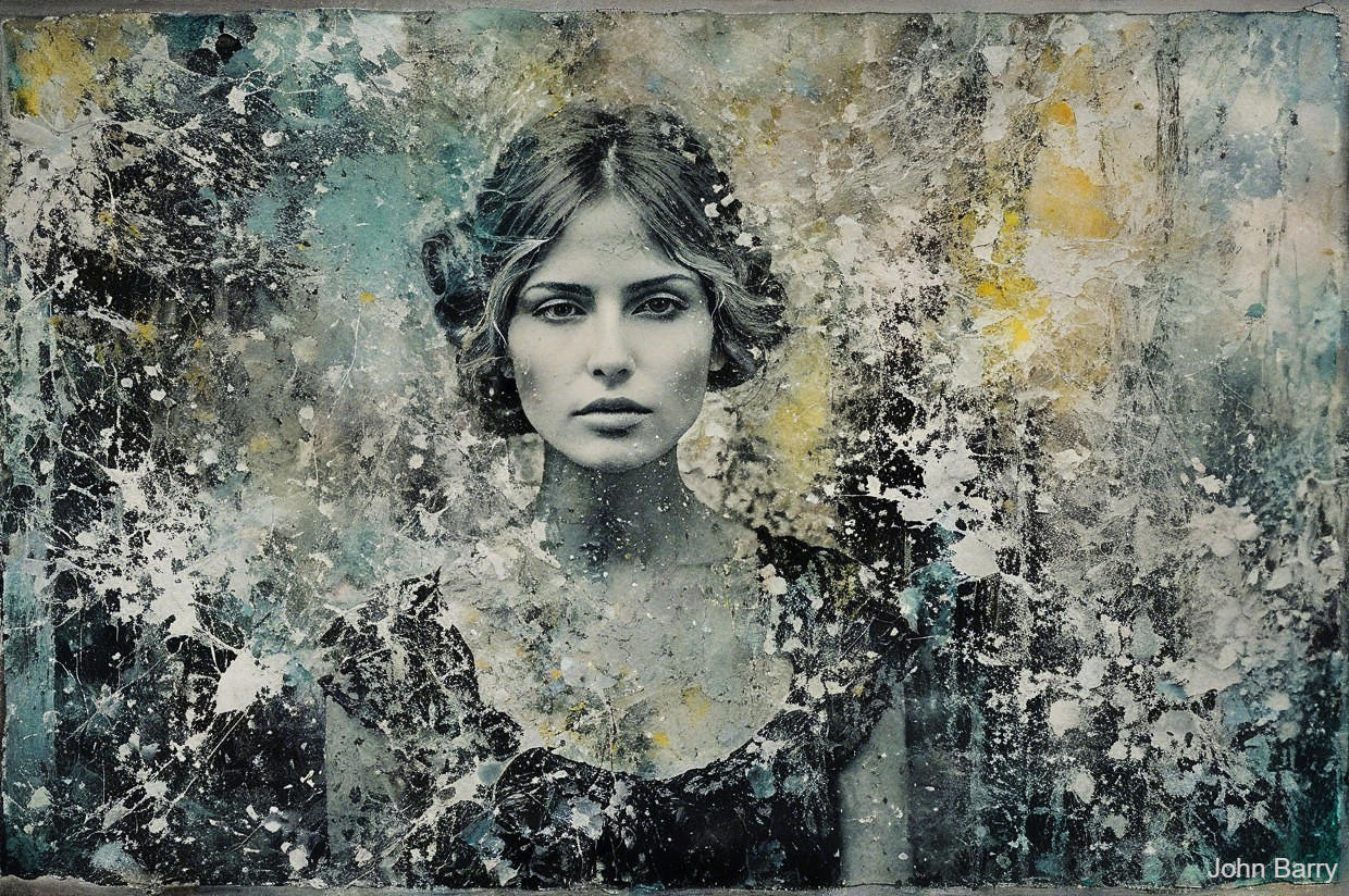 Portrait of a Woman Against Chaotic Abstract Background