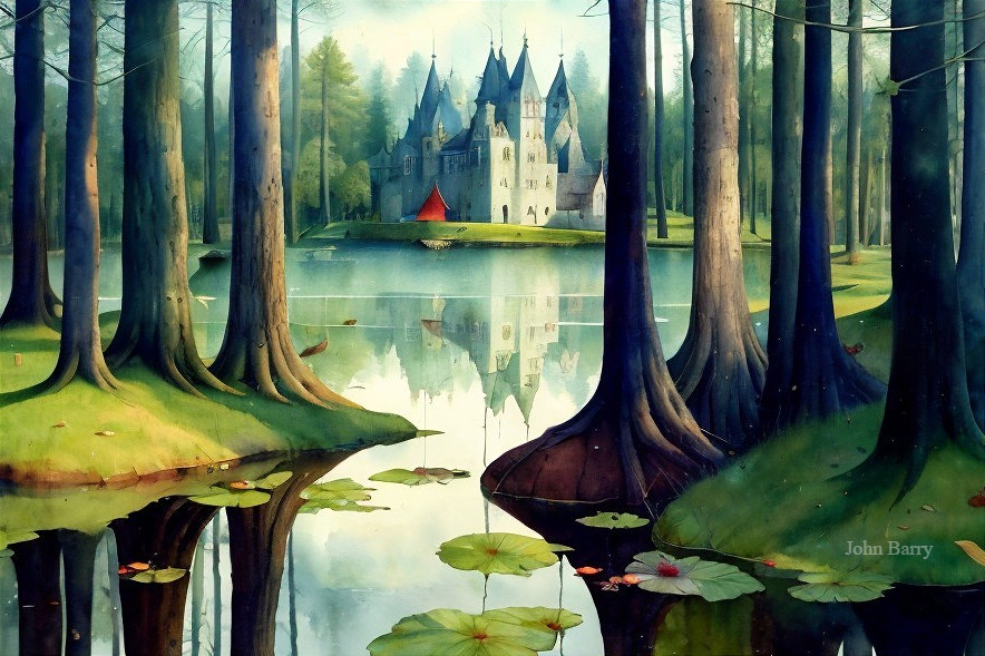 Majestic Castle Surrounded by Tranquil Lake and Trees