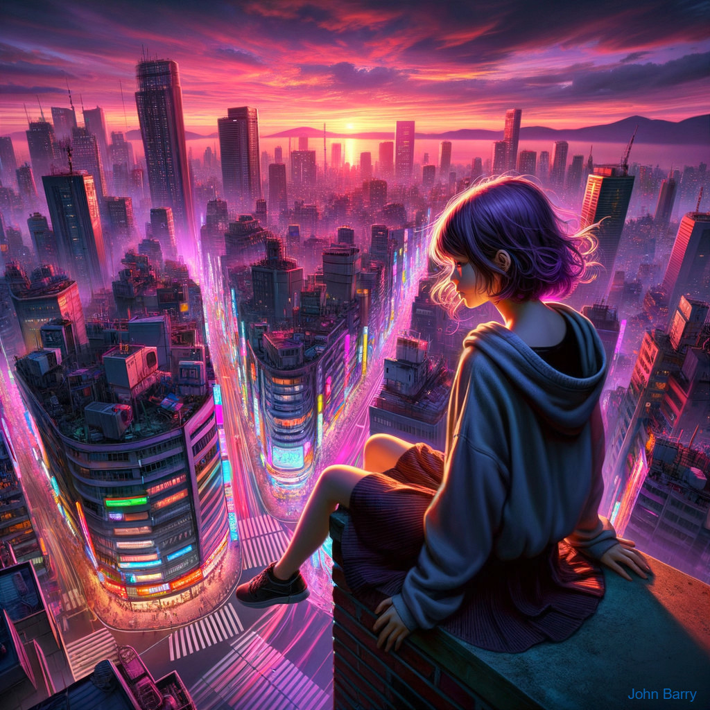 Girl with Purple Hair Overlooking Neon City at Sunset