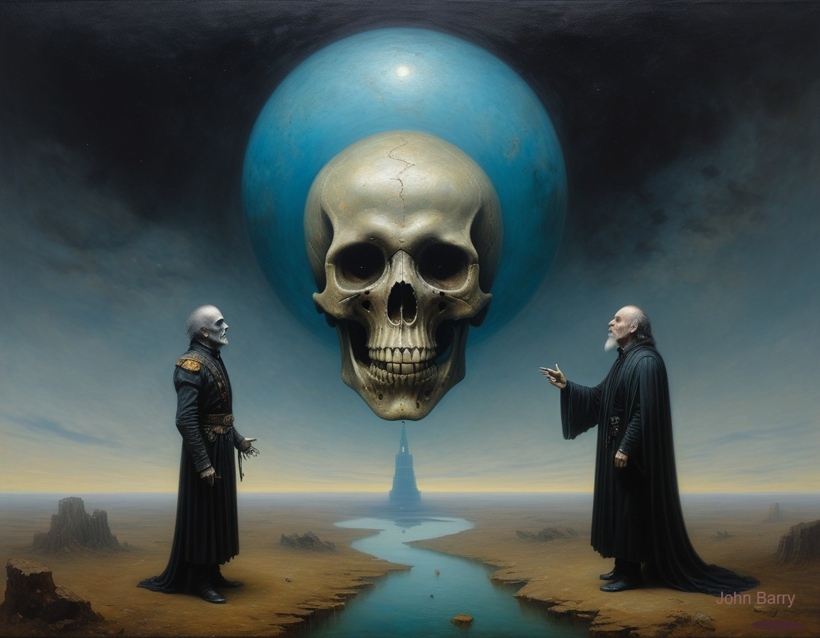 Surreal Landscape with Cloaked Figures and Floating Skull