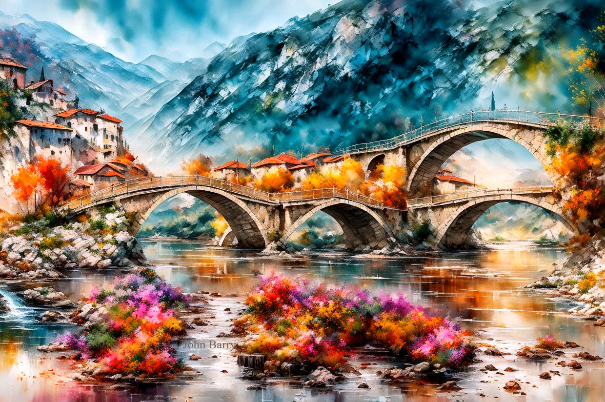 Vivid Painting of Arched Bridge Over Autumn River