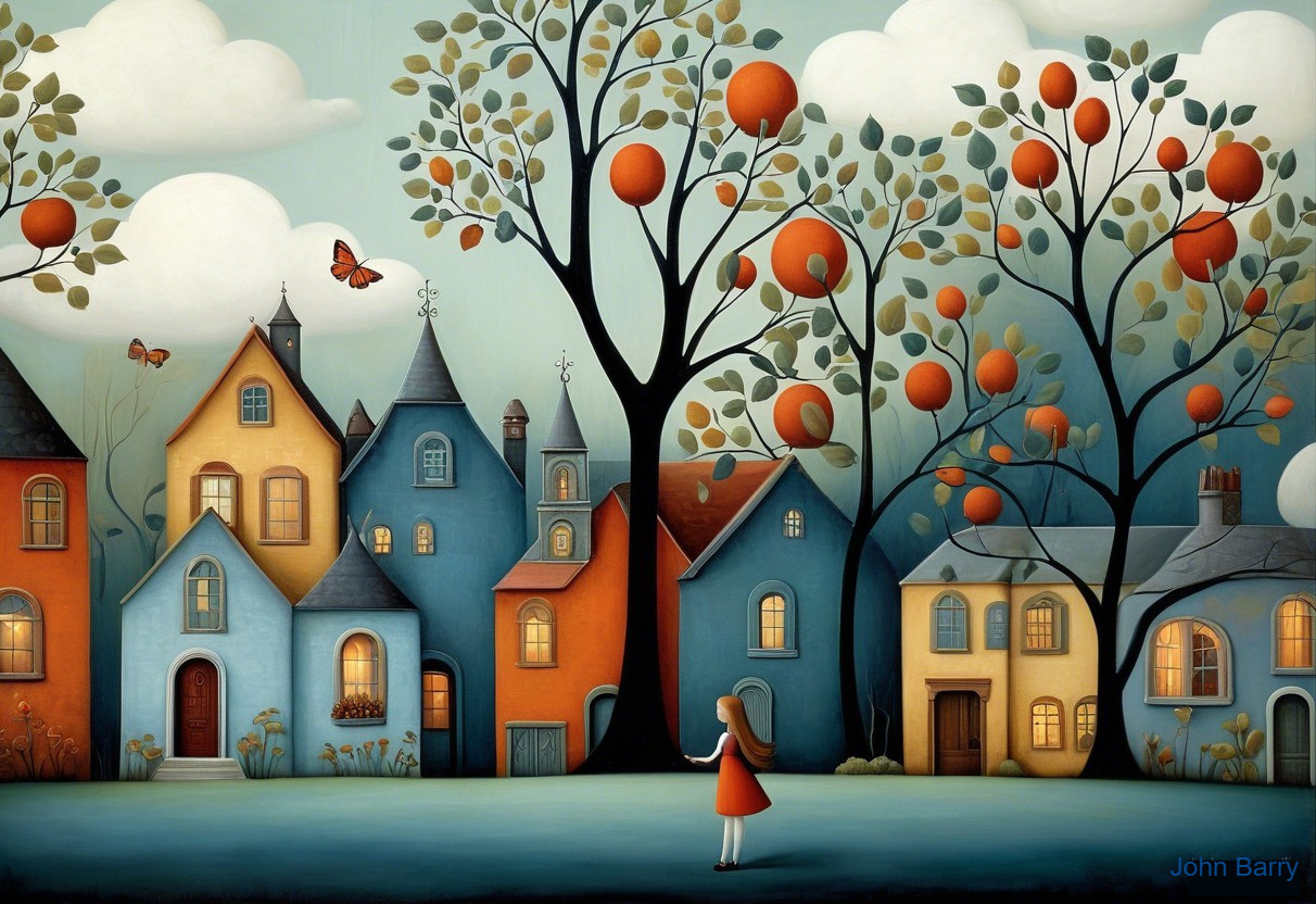 Whimsical Village Scene with Colorful Houses and Nature