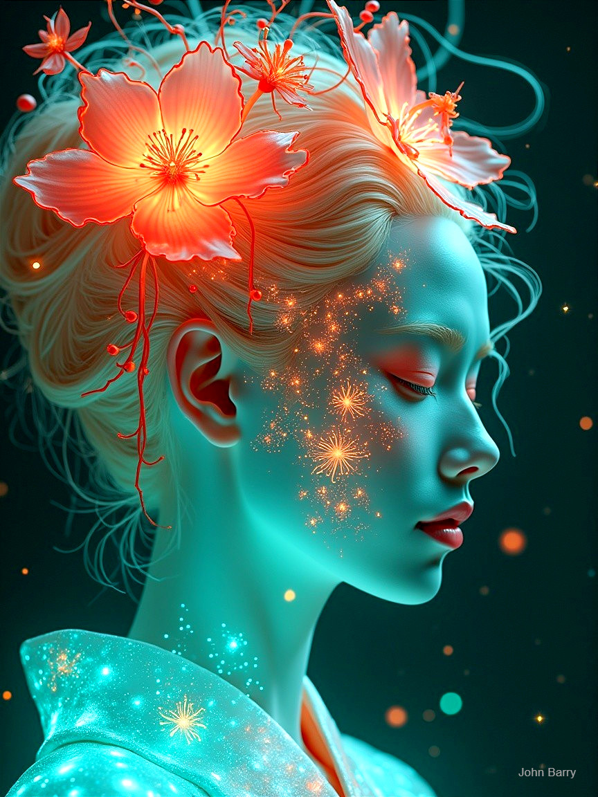 Dreamy Portrait of a Woman with Floral Accents